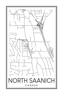 Hand drawn printable downtown road map poster of the Canadian city of NORTH SAANICH on solid white background with city name
