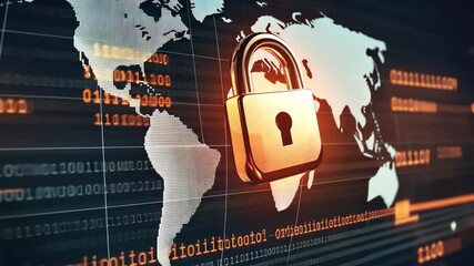 Poster - Data protection and security concepts illustrated with a padlock over a digital world map and data processing graphics, data processing and padlock over globe and world map