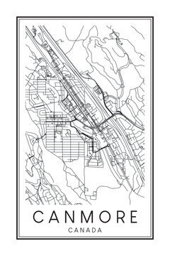 Hand drawn printable downtown road map poster of the Canadian city of CANMORE on solid white background with city name