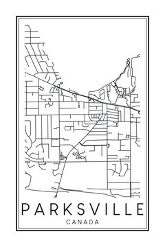 Hand drawn printable downtown road map poster of the Canadian city of PARKSVILLE on solid white background with city name