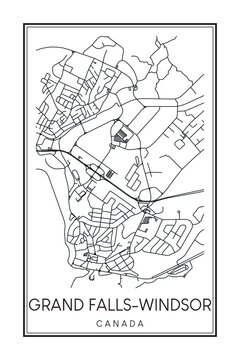 Hand drawn printable downtown road map poster of the Canadian city of GRAND FALLS-WINDSOR on solid white background with city name
