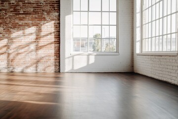 Poster - This spacious room features a rustic red brick accent wall and dark hardwood flooring. Large industrial windows allow natural light to enhance the vintage and modern aesthetics of the space