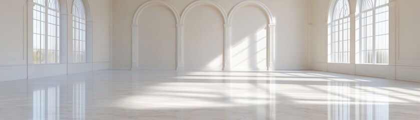 Poster - Bright and airy room features neutral-toned walls and high ceilings, enhancing elegance with natural light. Tall French windows create soft shadows across the polished marble floor