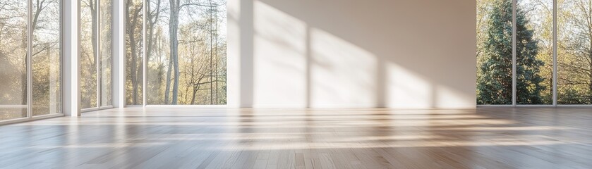 Poster - Bright and airy space features floor-to-ceiling windows bringing in natural light. The white walls and polished wooden floor create an inviting atmosphere for design projects