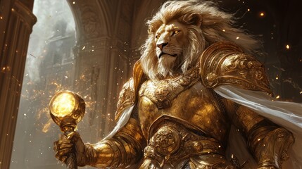 a lion-headed paladin in golden armor, holding a celestial hammer, radiating divine energy