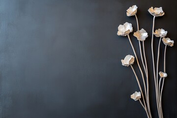 Poster - This artwork features wildflowers intricately depicted in metallic silver and pewter tones, set on a deep charcoal black textured background. It combines modern aesthetics with luxurious appeal