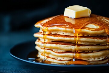 Aufkleber - Fluffy pancakes stacked high with syrup and butter take center stage on a dark tabletop