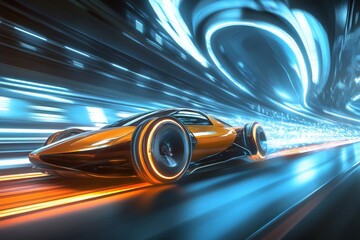 Aufkleber - Futuristic racing car speeds through a neon-lit tunnel showcasing advanced automotive design and technology