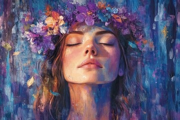 Aufkleber - Colorful portrait of a woman with a floral crown and serene expression against an abstract background