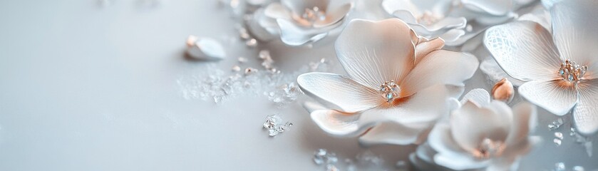 Poster - Translucent flowers in shades of white and silver appear to float weightlessly in a vast white space, casting an ethereal glow. The minimal backdrop enhances their delicate beauty