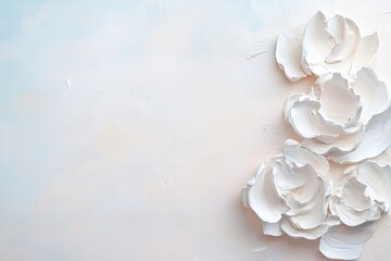 Poster - Structural acrylic painting features delicate white roses with thick brushstrokes against a soft pastel background. The composition allows for customization in the central space