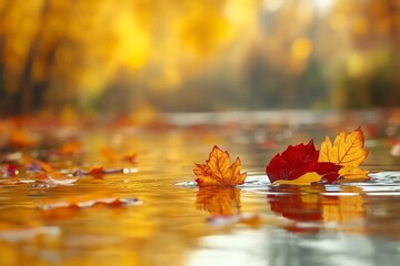 Poster - autumn leaves float gently on a serene river reflecting vibrant fall colors in a tranquil setting