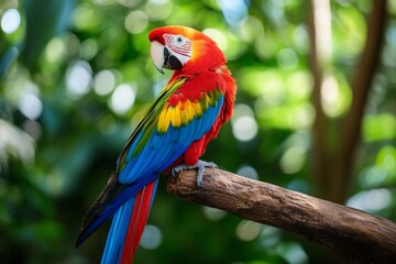 Aufkleber - Colorful macaw perched on a branch in a lush tropical environment during daylight hours