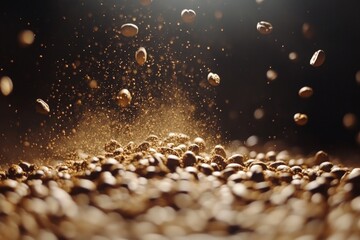 Aufkleber - Coffee beans scattering in the air creating a dynamic and energetic display at a dark background