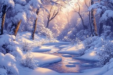 Poster - Winter landscape featuring a serene stream surrounded by snow-covered trees during daylight