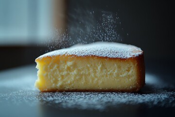 Poster - Soft and fluffy cake dusted with powdered sugar on a wooden table near a window