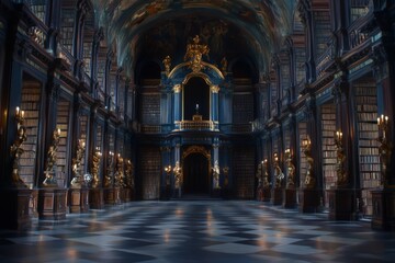 Poster - Impressive baroque library interior featuring ornate decorations and towering shelves of books in a majestic setting