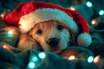 Aufkleber - Cute puppy wearing a Santa hat surrounded by Christmas lights during the holiday season