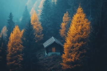 Poster - Lonely cabin nestled among vibrant autumn trees in a tranquil forest setting during early morning light