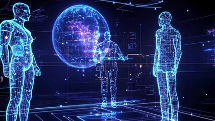 Poster - Business professionals collaborating on a virtual screen in a futuristic workspace, The business people working on a virtual screen with holograms
