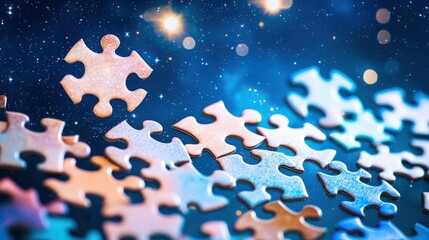 Poster - A dreamlike image of puzzle pieces forming constellations in the night sky