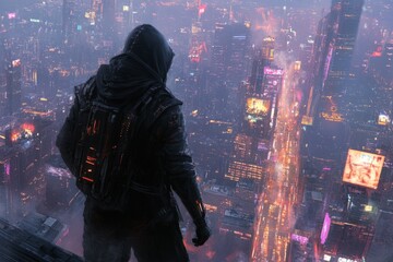 Poster - Silhouette of a figure overlooking a vibrant futuristic city skyline at night