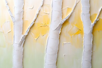Poster - This peaceful acrylic painting showcases tall birch trees with textured white trunks against a serene golden and green backdrop. Ideal for enhancing contemporary spaces