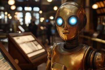 Poster - Robotic figure stands in an interactive exhibit at a science museum showcasing technology and innovation