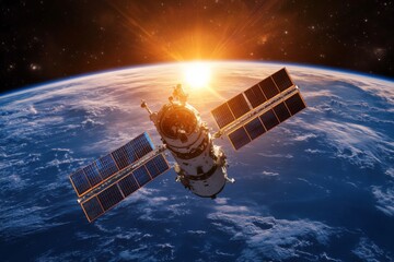 Aufkleber - Satellite orbits Earth as the sun rises over the horizon creating a breathtaking view in the cosmos