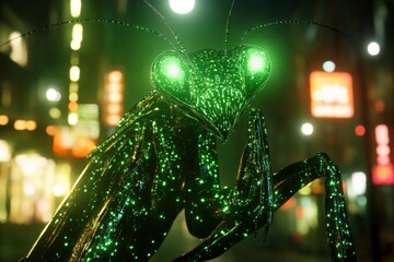 Poster - Giant glowing mantis illuminated by neon lights in vibrant urban nightlife setting