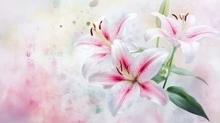 Poster - Delicate watercolor lilies bloom in a soft abstract background reflecting the essence of spring's arrival and renewal