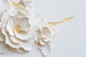 Poster - Delicately structured acrylic painting features white roses with thick petals and gold-leaf accents against a subtle off-white background, perfect for upscale interiors