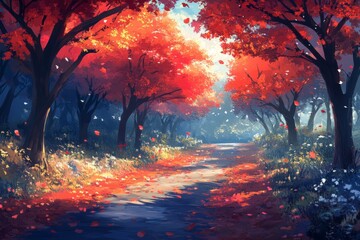 Poster - Vibrant autumn pathway framed by red and orange foliage leads through a tranquil forest at dawn