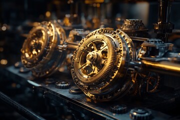 Poster - Intricate golden gears showcase precision engineering in a steampunk-inspired machine setting