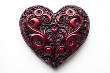 Poster - Intricate red heart sculpture with ornate detailing on white background capturing artistic elegance and creative design