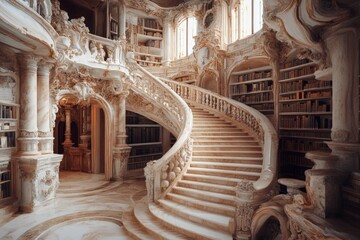 Poster - Elegant spiral staircase in a grand library with intricate architecture and rich collections of books at golden hour
