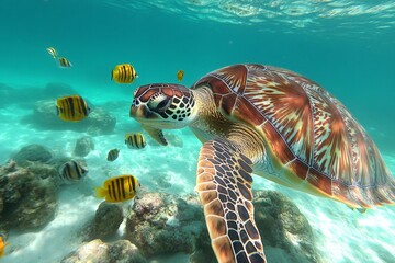 Poster - Colorful sea turtle swims among vibrant tropical fish in a crystal-clear ocean