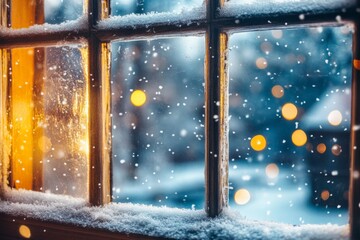 Aufkleber - Snow falls gently outside a cozy window with warm lights illuminating the scene during winter evening