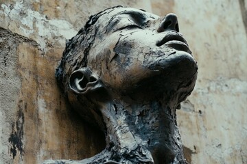 Poster - Sculpture reflecting human emotion at an urban art installation in a city alley