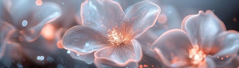 Poster - Delicate flowers bloom with glowing neon outlines against a dark, textured galaxy background. The ethereal light trails create a mesmerizing effect, perfect for fantasy-inspired themes