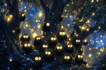 Poster - Mysterious creatures gather around glowing orbs in an enchanted forest at twilight