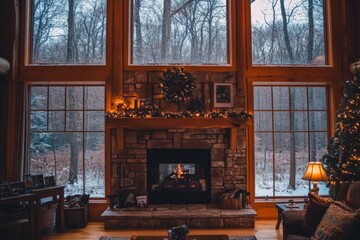 Poster - Cozy winter living room with stone fireplace and snow-covered trees outside