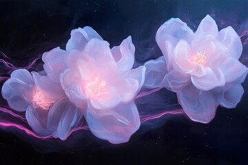Poster - Delicate flowers illuminated by soft, glowing trails of light create a mesmerizing display against a dark galaxy backdrop. The ethereal look invites fantasy and creativity