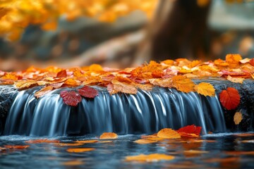 Poster - autumn leaves drift over a gentle waterfall, creating a serene landscape in a quiet forest stream