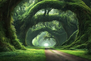 Poster - Lush green forest path surrounded by arching trees in a serene natural setting during daytime
