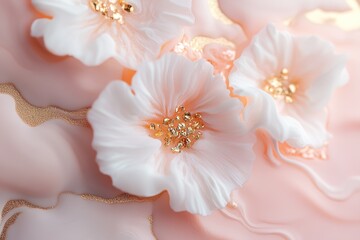 Poster - Delicate flowers in soft blush tones have petals that appear to melt into streams of liquid gold. The warm gradient background creates an ethereal and elegant atmosphere, inviting creativity