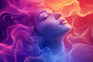 Poster - Colorful abstract portrait of a woman surrounded by flowing waves of vibrant hues
