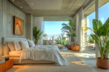 Poster - Modern bedroom with panoramic city view and lush greenery in a contemporary apartment setting