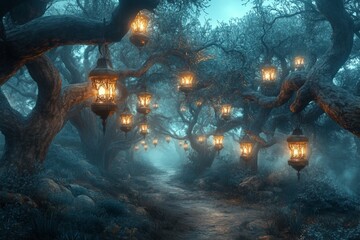 Poster - Magical forest path illuminated by lanterns on a misty evening under ancient trees