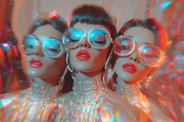 Poster - Three fashionable mannequins showcasing striking sunglasses and chic outfits at a vibrant exhibition